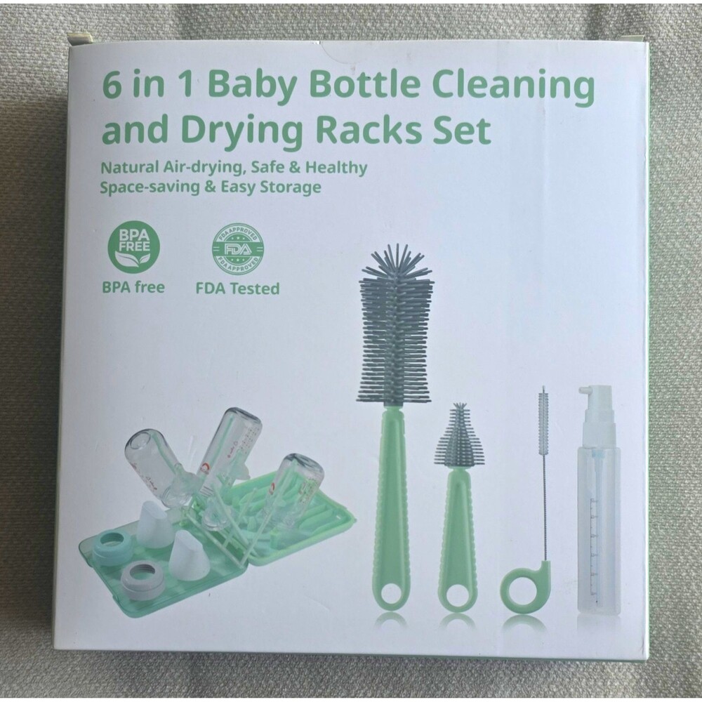 6-in-1 Baby Bottle Cleaning & Drying Rack Brush Set Silicone BPA Free Green